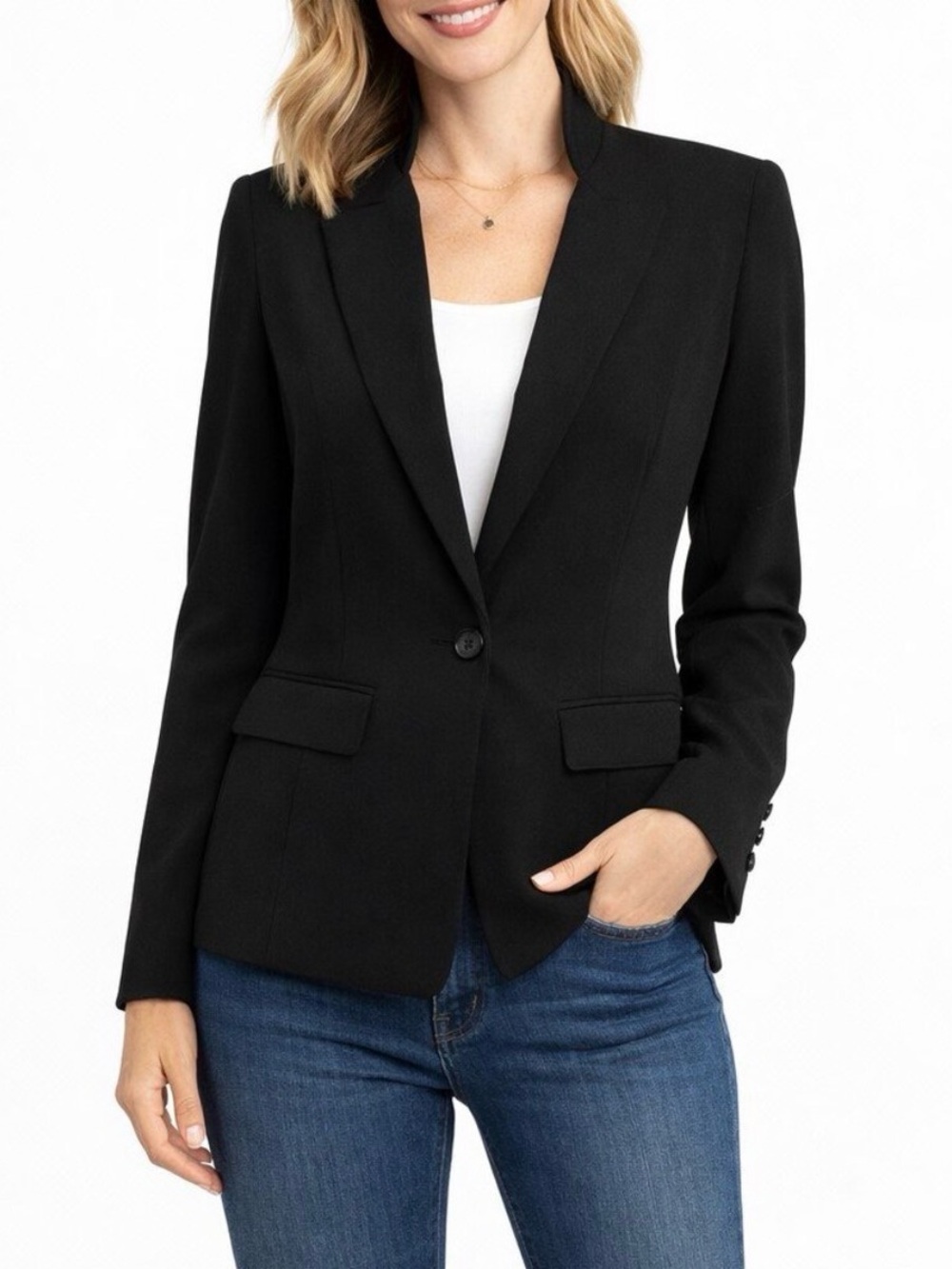 CAbi City Classic Single-Button Black Women's Blazer, Stand Up Notched Collar